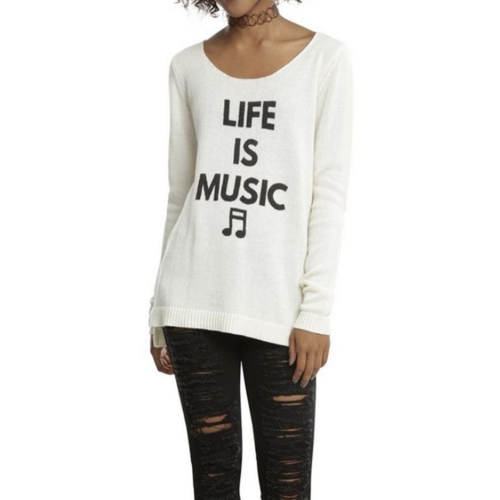 Hot Topic “Life Is Music” Beige Sweater Lace-Up Back Women’s Medium